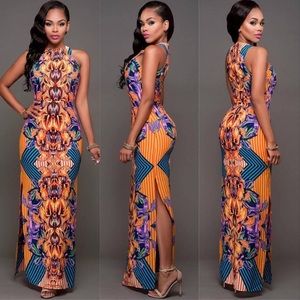 GIANNI BINI Bohemian orange multicolor sleeveless maxi dress with slit. Size S.